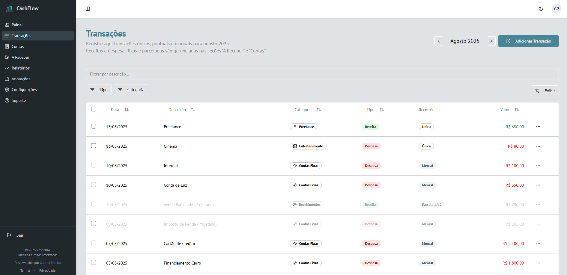 Tela de transações do CashFlow com uma lista de despesas e receitas.